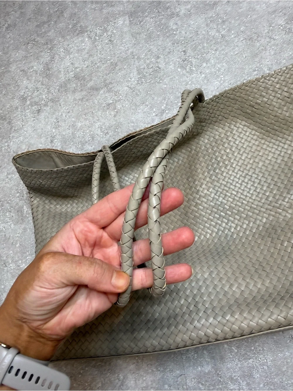 Quince Siena Handwoven Tote Italian Leather Tote in Light Grey Taupe